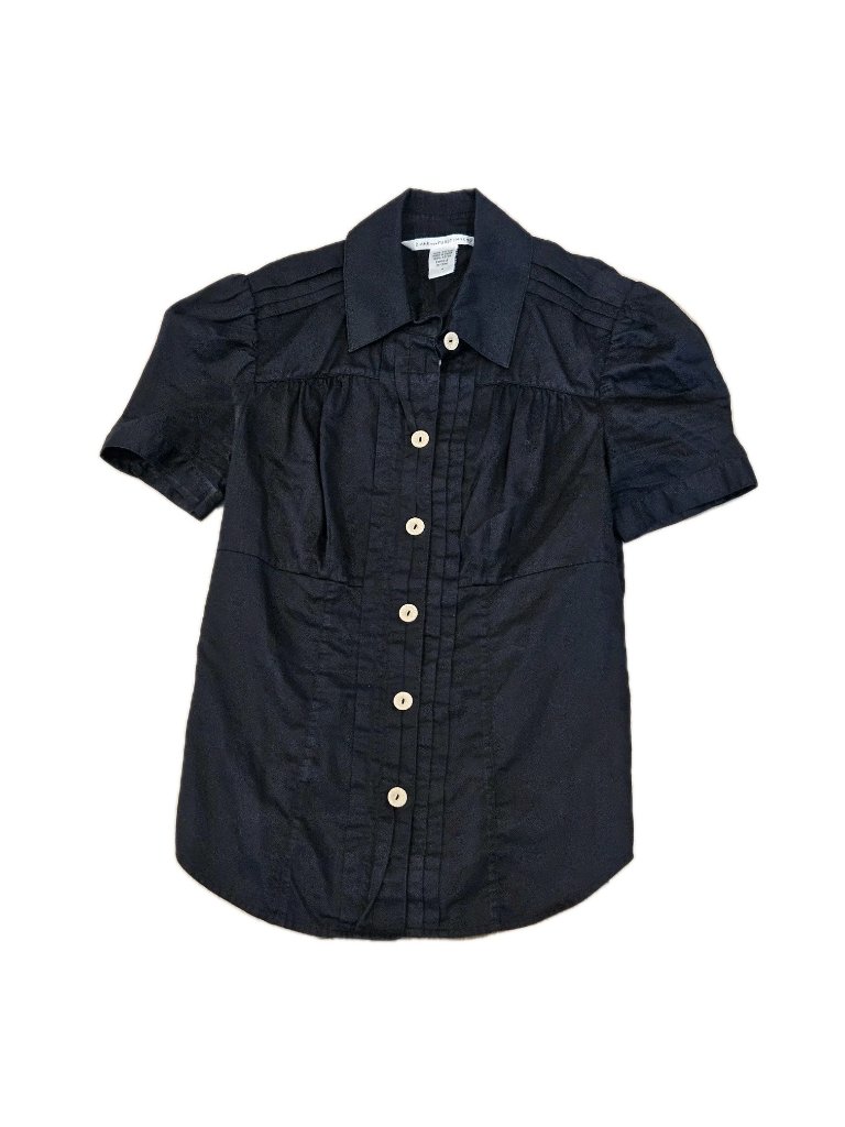 Diane Von Furstenburg Black Pleated Short Sleeve Cotton Button Up Top Size 4